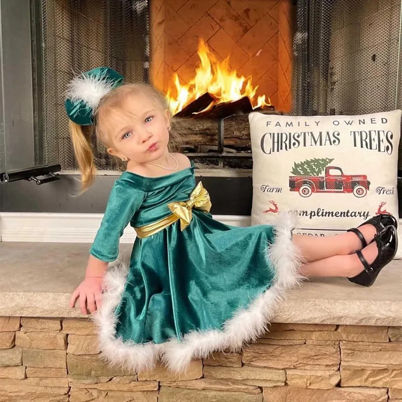Vestido infantil verde con lazo dorado + diadema