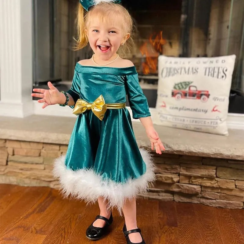 Vestido infantil verde con lazo dorado + diadema