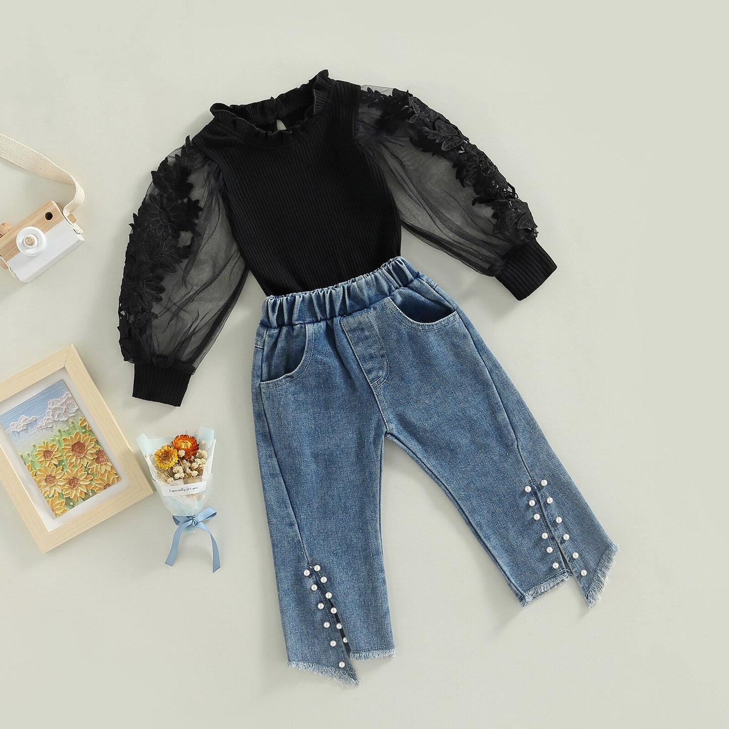 Conjunto de 2 piezas de pantalones vaqueros de manga larga con aberturas florales y cuentas, atuendo de otoño