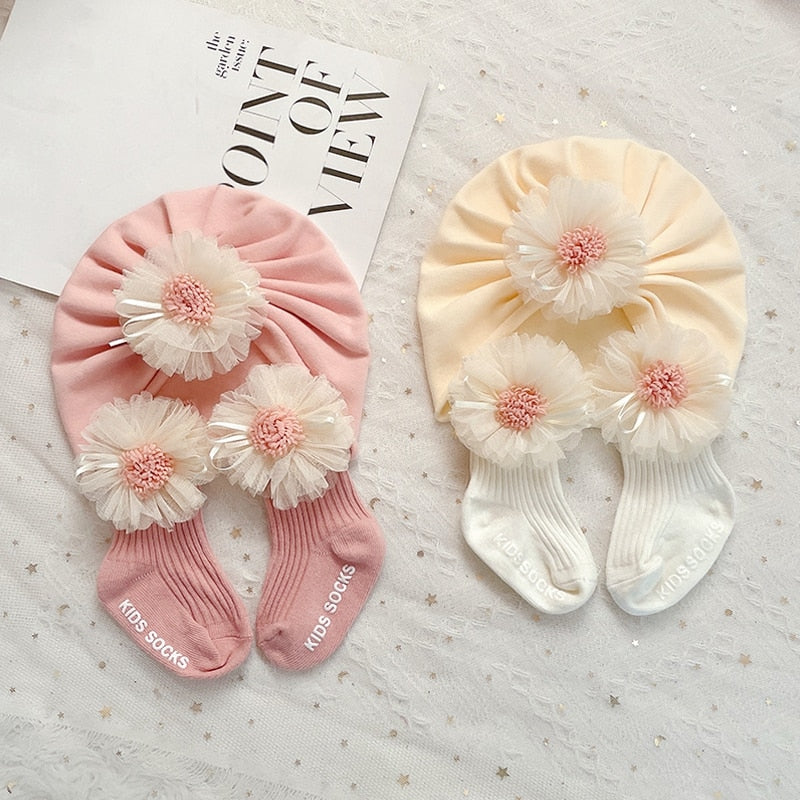 Conjunto de calcetines y gorro para bebé, calcetín corto de tubo acanalado con encaje floral y turbante para otoño, beige/rosa