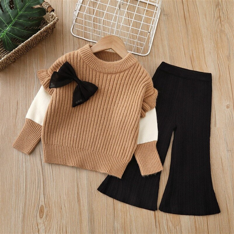 Conjunto infantil de pantalón de lana + blusa con lazo
