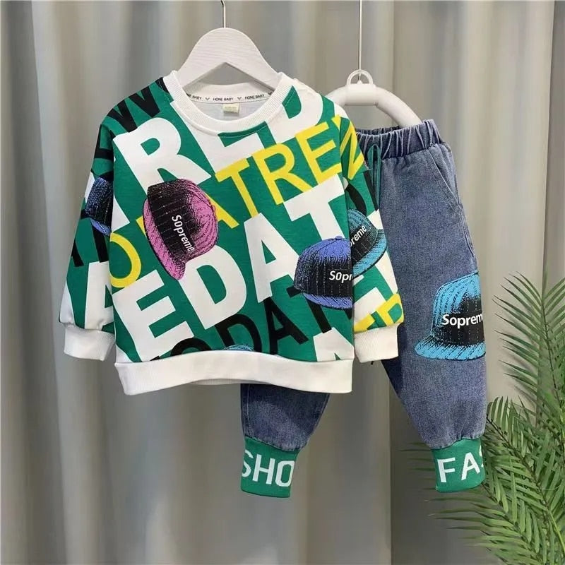 Conjunto de ropa para bebé, nuevo jersey estampado de manga larga y pantalones, 2 piezas, ropa de primavera y otoño