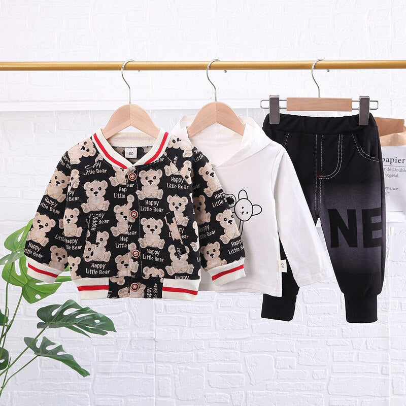 Conjunto de 3 piezas de chándal con estampado de oso, cárdigan, abrigo, sudadera con capucha y pantalones.
