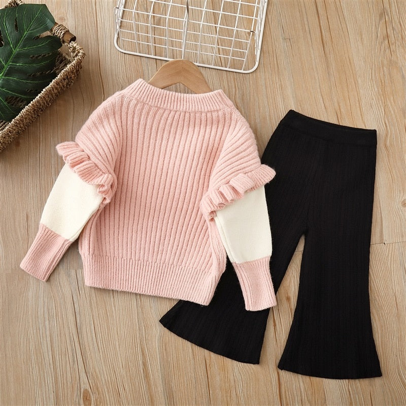 Conjunto infantil de pantalón de lana + blusa con lazo