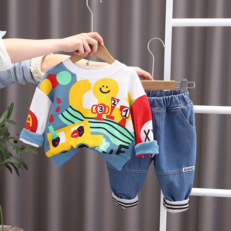 Conjunto de 2 piezas de sudadera y jeans lavados con diseño de pulpo para niños