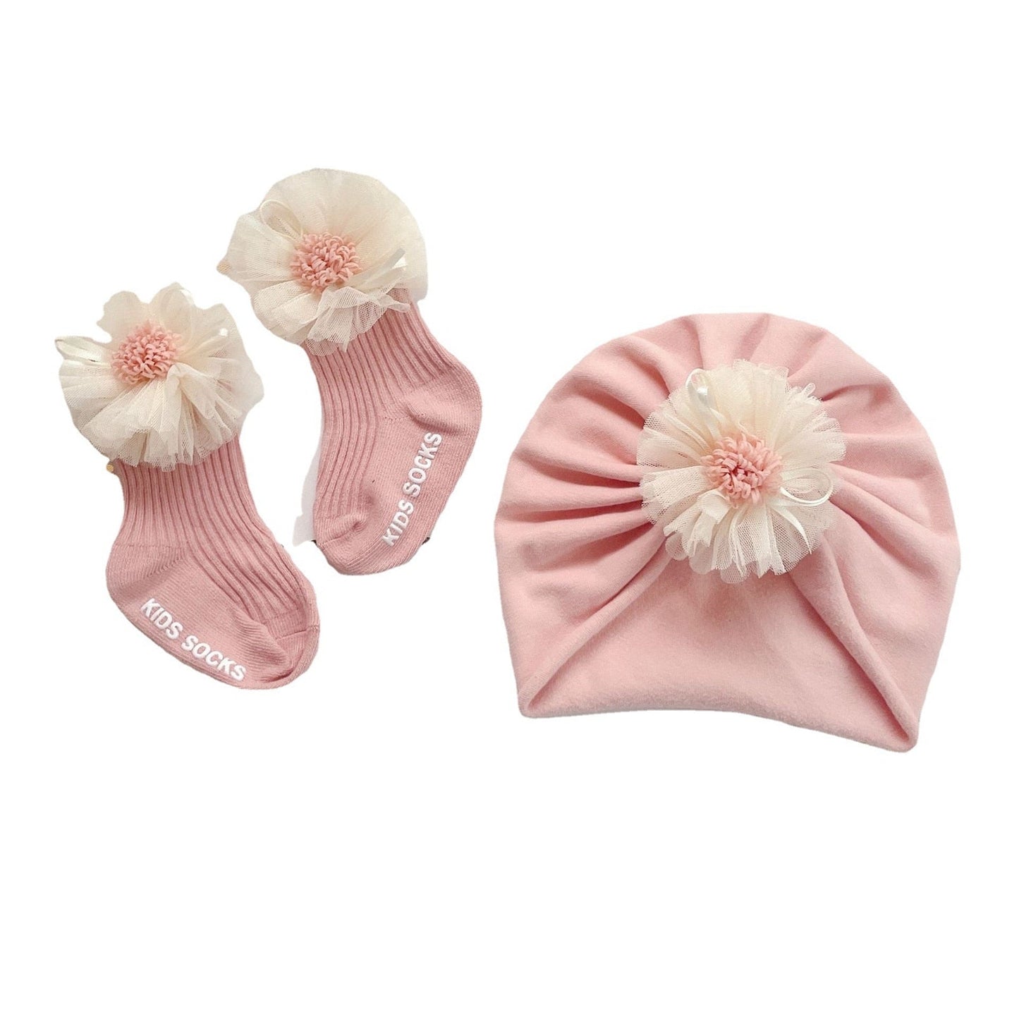 Conjunto de calcetines y gorro para bebé, calcetín corto de tubo acanalado con encaje floral y turbante para otoño, beige/rosa