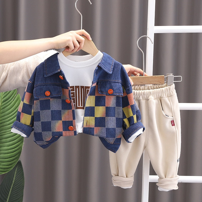 Conjunto de 3 piezas de ropa, chaqueta vaquera a cuadros, sudadera de manga larga y pantalón deportivo
