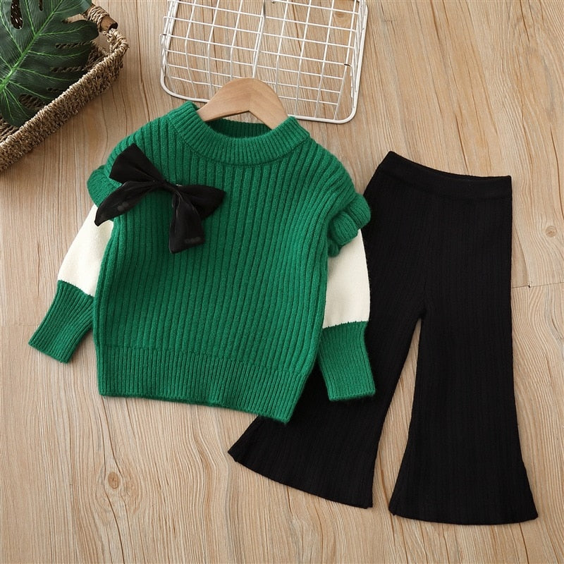 Conjunto infantil de pantalón de lana + blusa con lazo