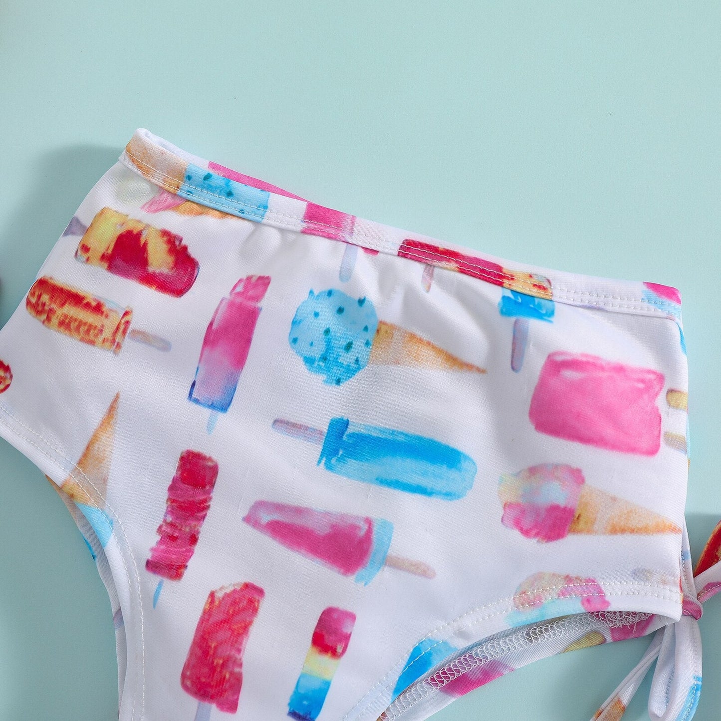 Traje de baño de 2 piezas para niñas, top corto sin mangas con estampado de helado y braguitas, color blanco