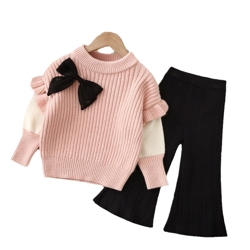 Conjunto infantil de pantalón de lana + blusa con lazo