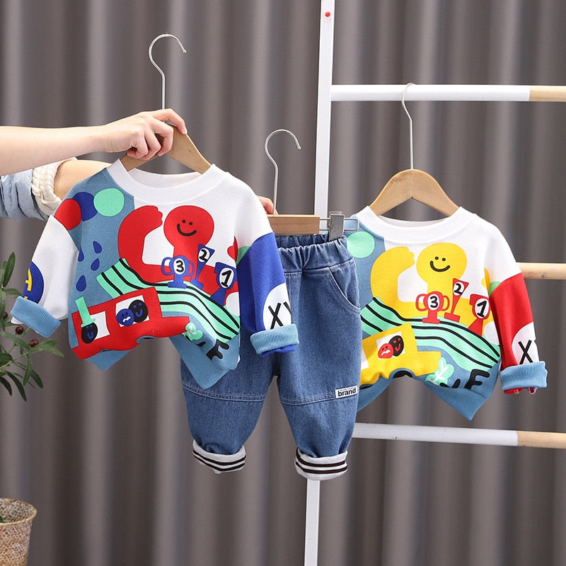 Conjunto de 2 piezas de sudadera y jeans lavados con diseño de pulpo para niños