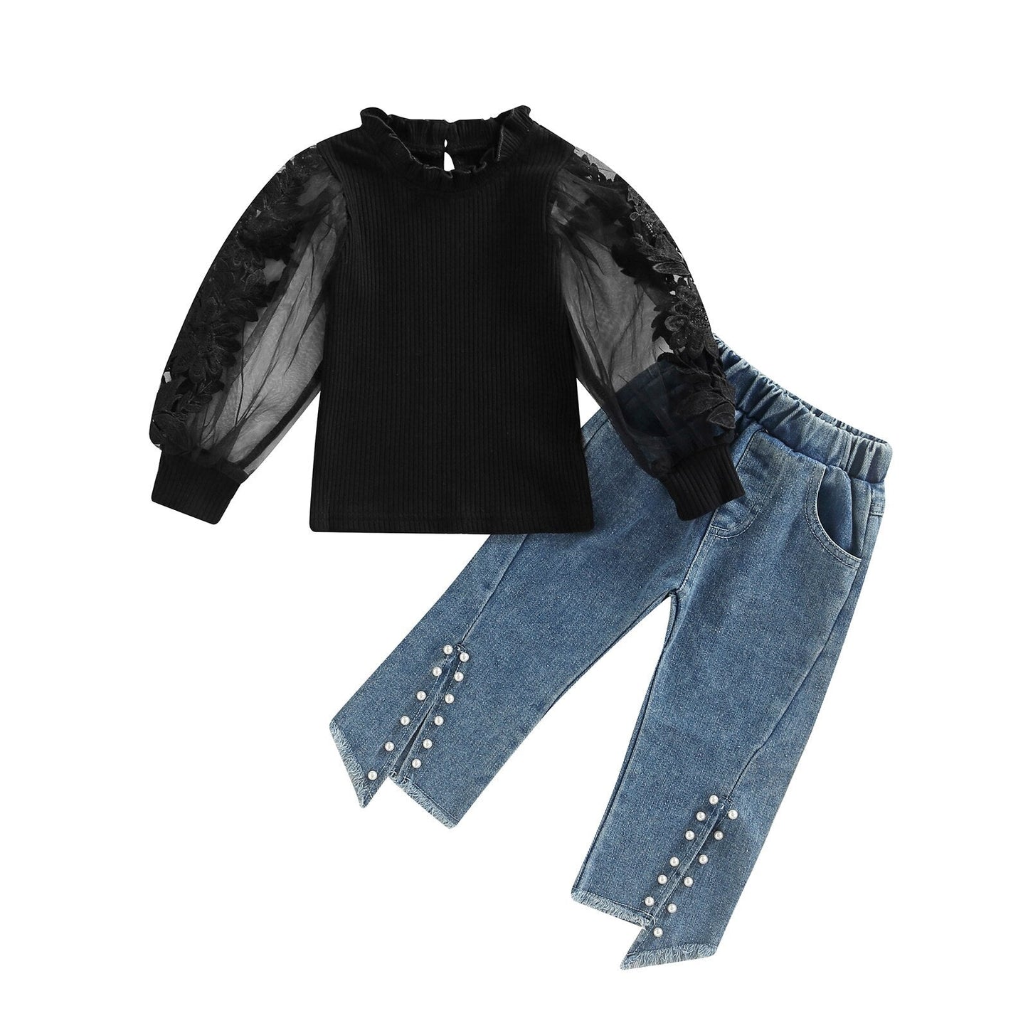 Conjunto de 2 piezas de pantalones vaqueros de manga larga con aberturas florales y cuentas, atuendo de otoño