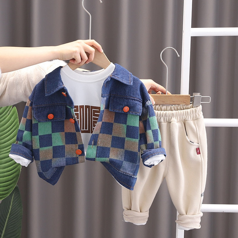 Conjunto de 3 piezas de ropa, chaqueta vaquera a cuadros, sudadera de manga larga y pantalón deportivo