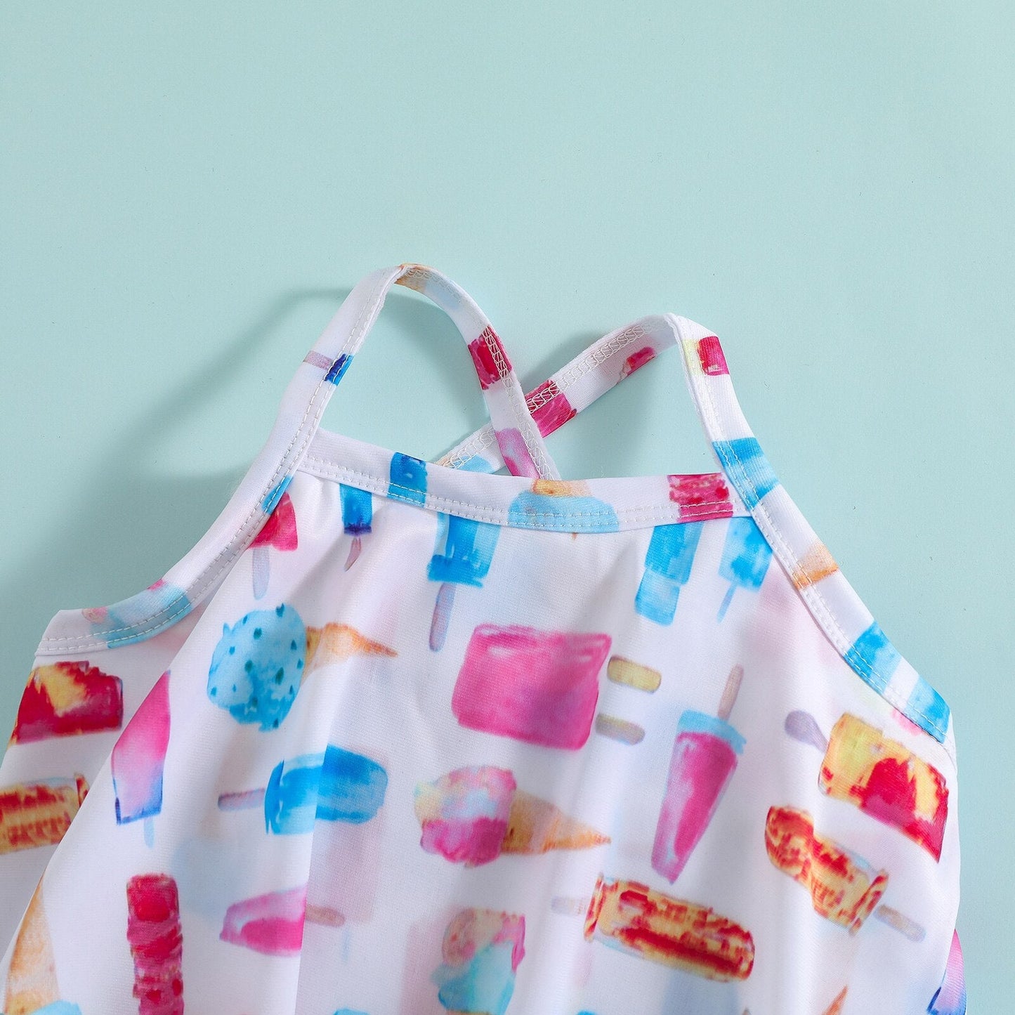 Traje de baño de 2 piezas para niñas, top corto sin mangas con estampado de helado y braguitas, color blanco