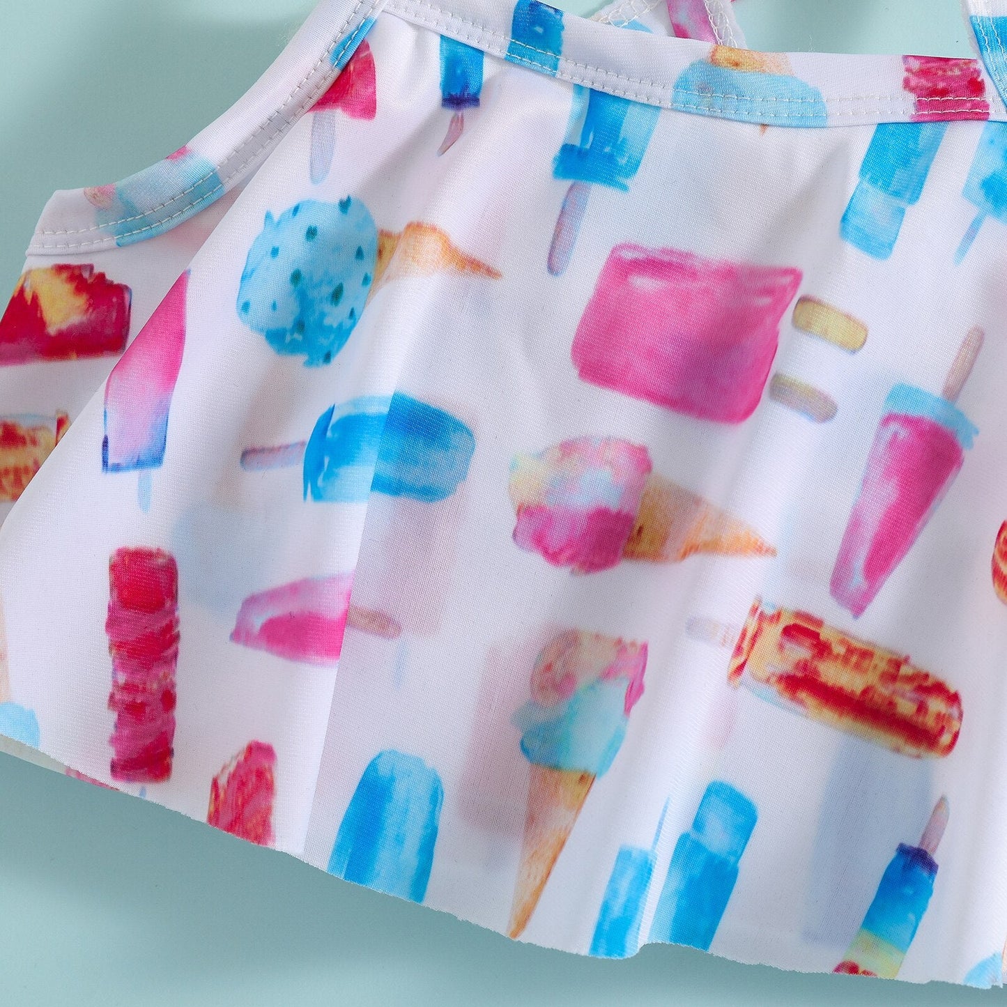 Traje de baño de 2 piezas para niñas, top corto sin mangas con estampado de helado y braguitas, color blanco