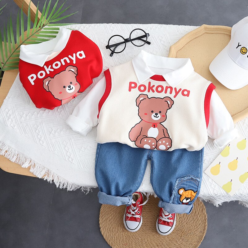 Conjunto de ropa de 3 piezas con chaleco de punto de oso de dibujos animados de algodón