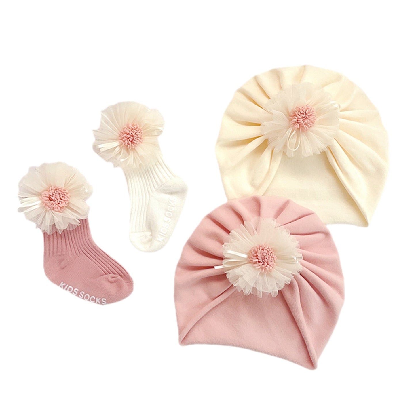 Conjunto de calcetines y gorro para bebé, calcetín corto de tubo acanalado con encaje floral y turbante para otoño, beige/rosa