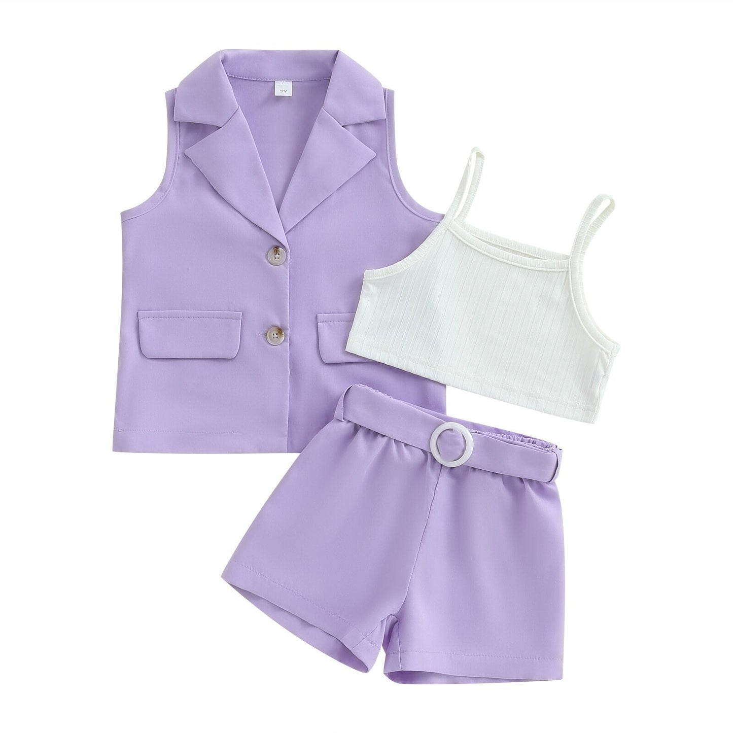 Conjunto de 3 piezas de verano: blazer, camiseta de tirantes y pantalones cortos con cinturón (tallas 2-7)