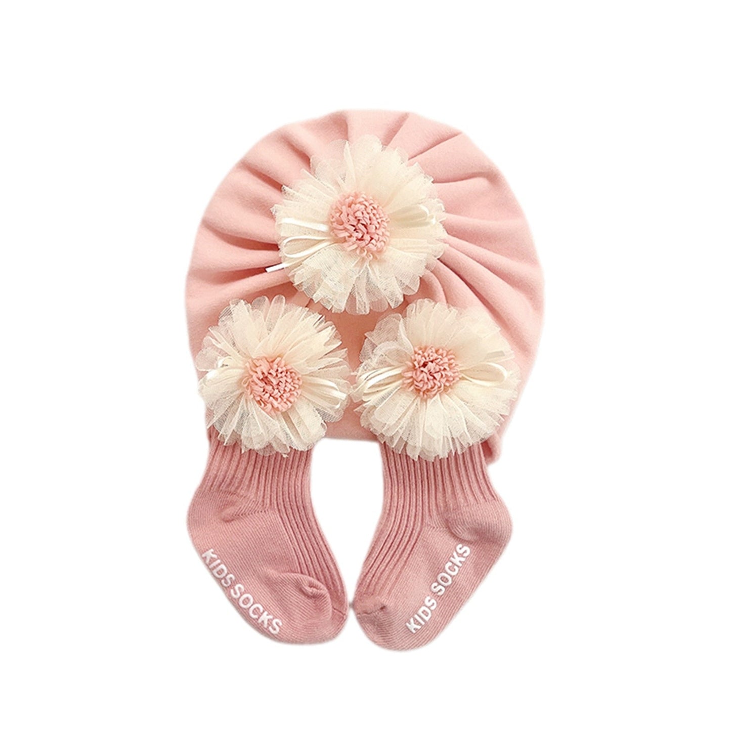 Conjunto de calcetines y gorro para bebé, calcetín corto de tubo acanalado con encaje floral y turbante para otoño, beige/rosa