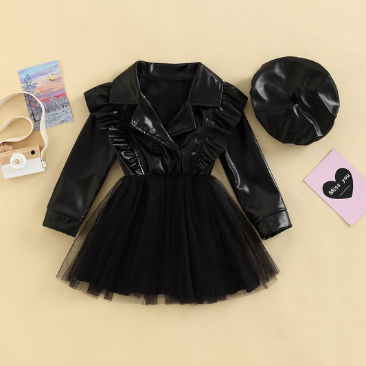 Vestido infantil estilo cuero con falda de encaje + sombrero