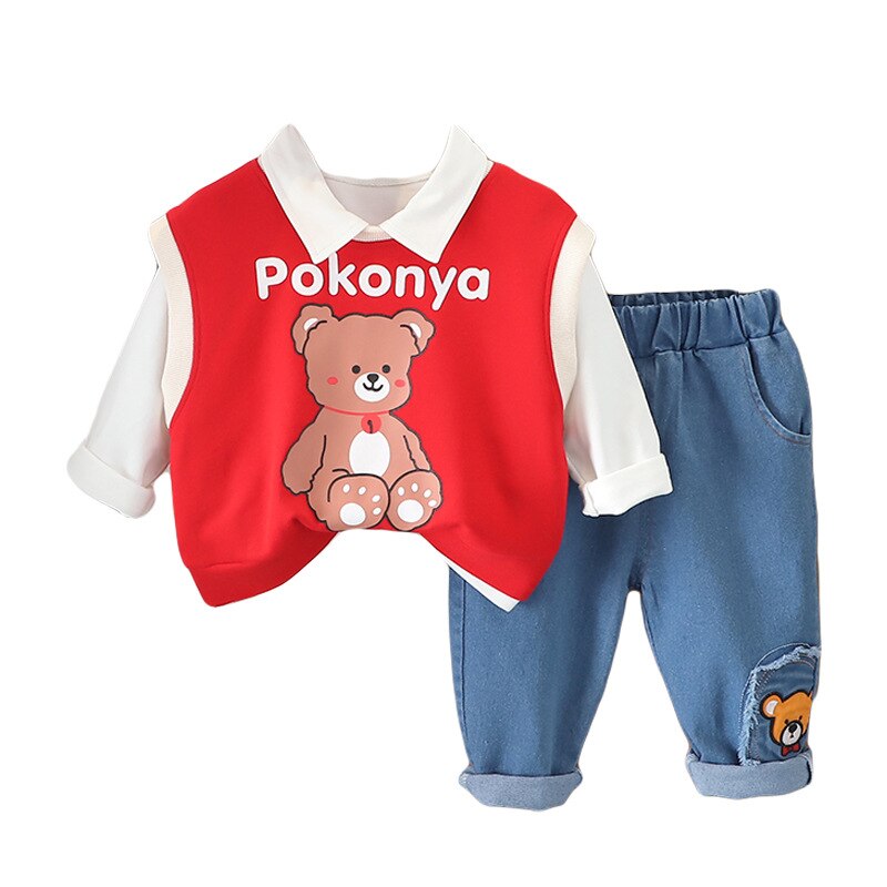 Conjunto de ropa de 3 piezas con chaleco de punto de oso de dibujos animados de algodón