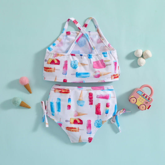 Traje de baño de 2 piezas para niñas, top corto sin mangas con estampado de helado y braguitas, color blanco