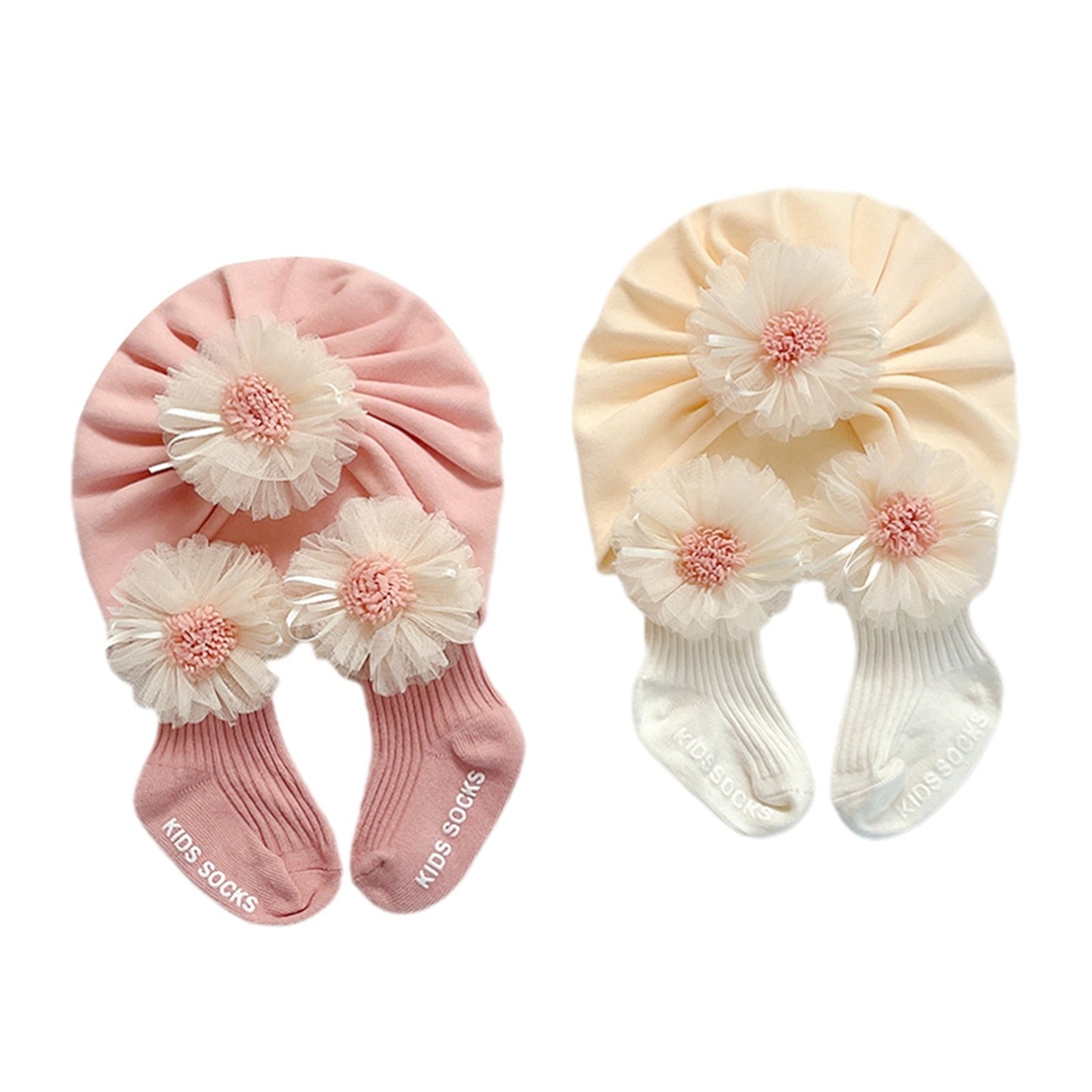 Conjunto de calcetines y gorro para bebé, calcetín corto de tubo acanalado con encaje floral y turbante para otoño, beige/rosa