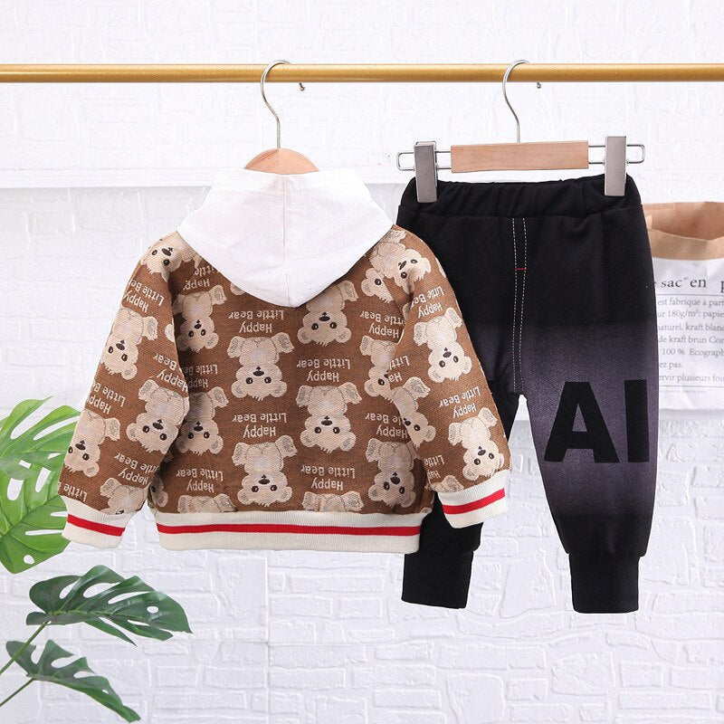 Conjunto de 3 piezas de chándal con estampado de oso, cárdigan, abrigo, sudadera con capucha y pantalones.