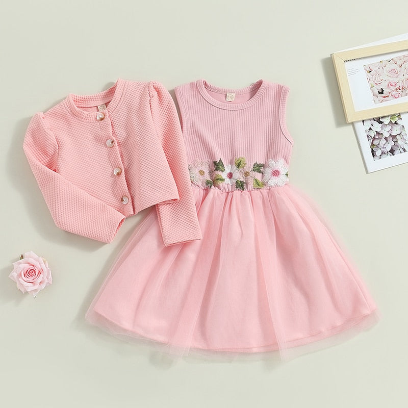 2Pcs Outfit, Sleeveless Flower Dress Long Sleeve Casual Jacket