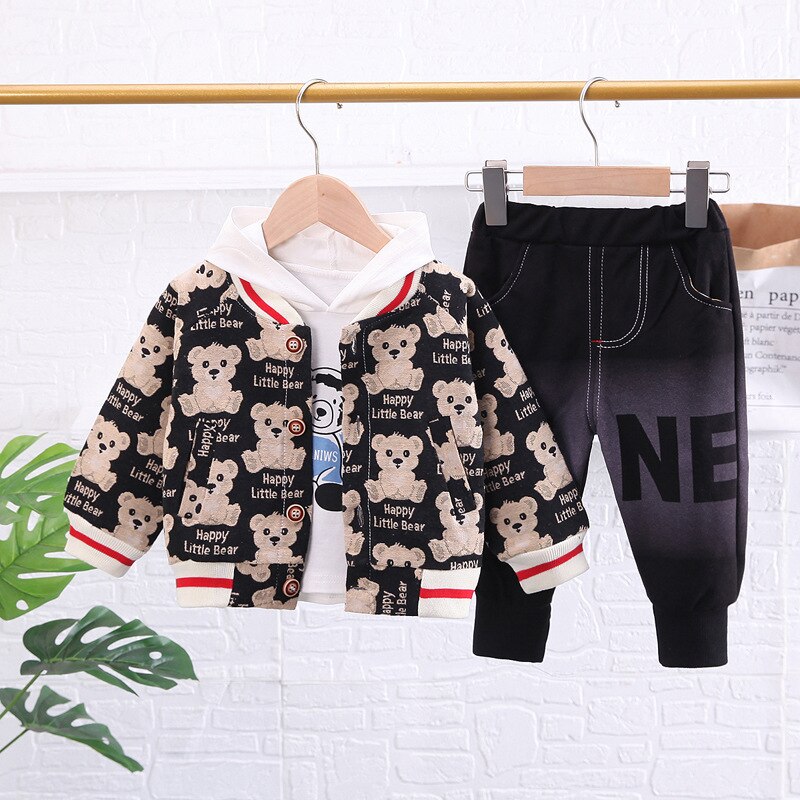 Conjunto de 3 piezas de chándal con estampado de oso, cárdigan, abrigo, sudadera con capucha y pantalones.