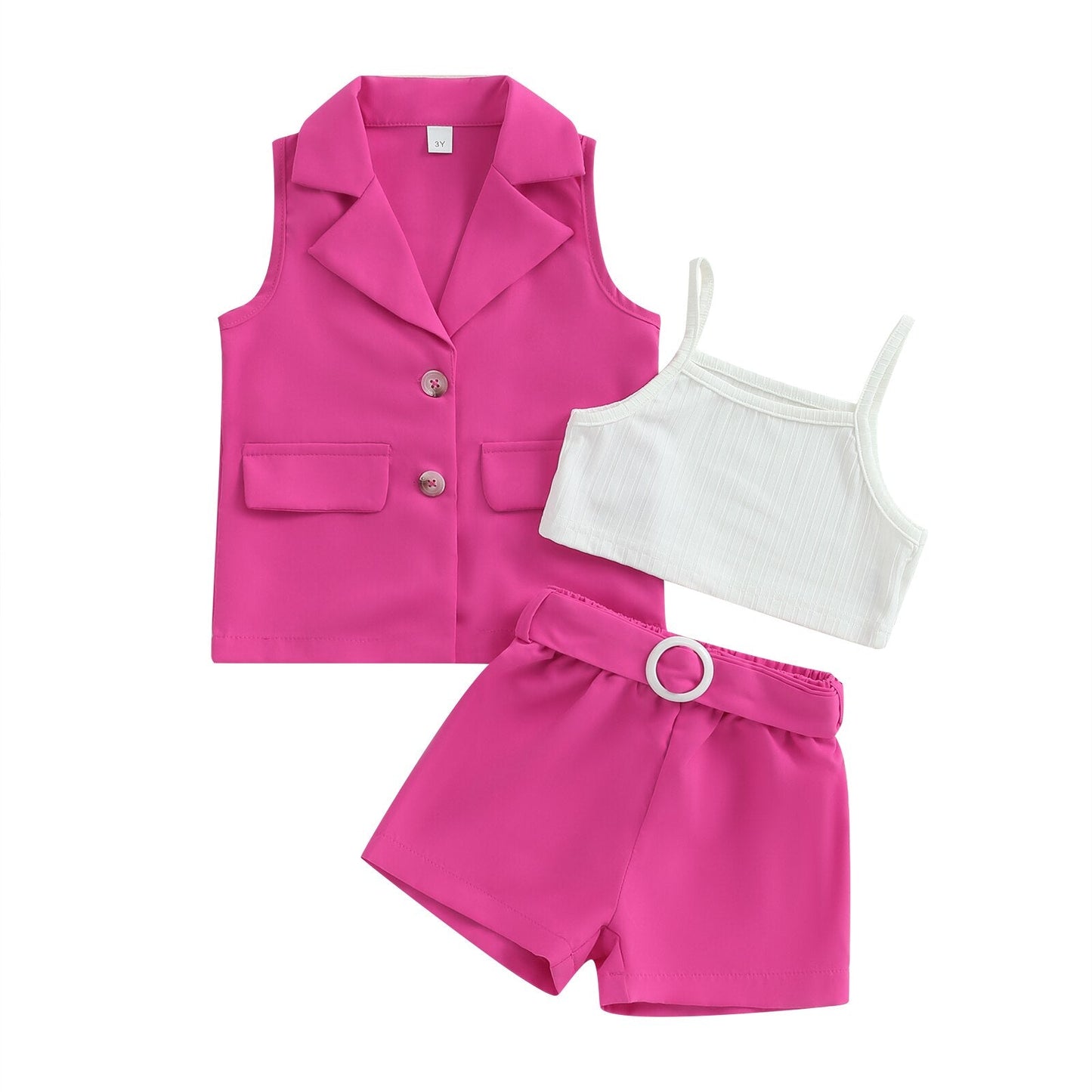 Conjunto de 3 piezas de verano: blazer, camiseta de tirantes y pantalones cortos con cinturón (tallas 2-7)