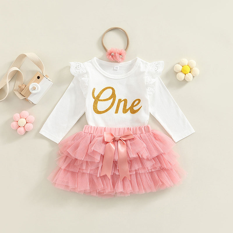 Conjunto de ropa para bebé niña, body de algodón con letras y manga larga para cumpleaños de primer año