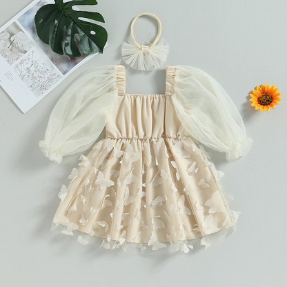 Vestido infantil mariposa beige + Diadema