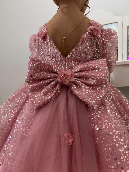 فستان حفلات لامع للبنات مزين بفيونكة 
