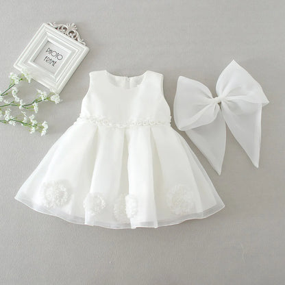 Children's White Dress with Bow and Flowers