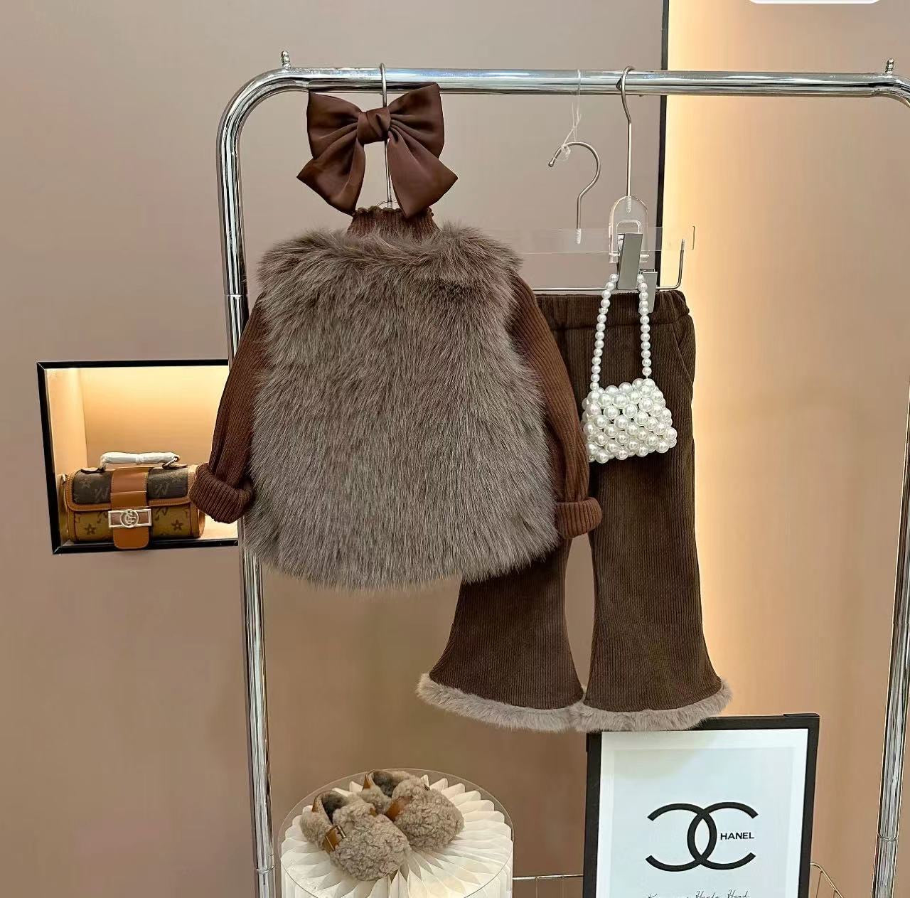 Conjunto de chaleco de piel para mujer y niño 