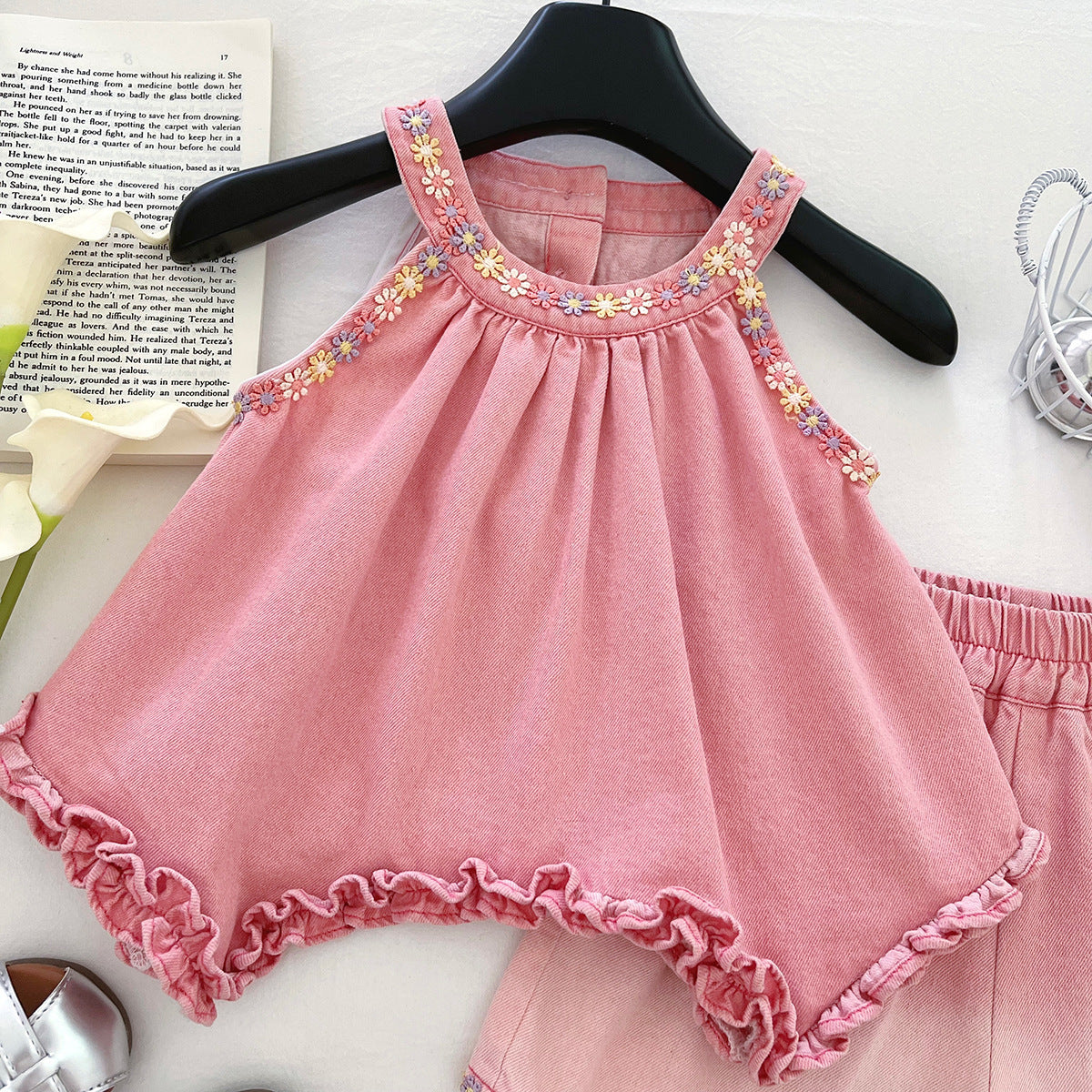 Girls' Denim Set with Floral Print