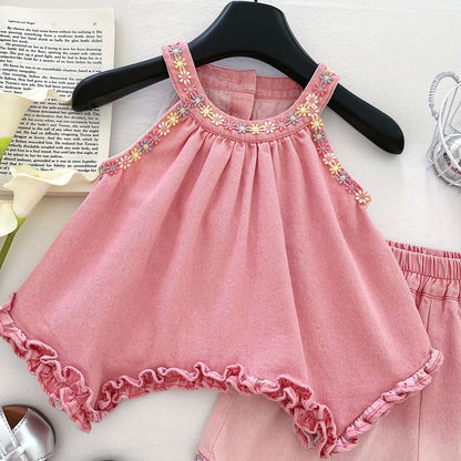 Girls' Denim Set with Floral Print