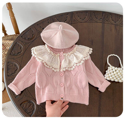 Children's Knitted Coat with Lace Collar