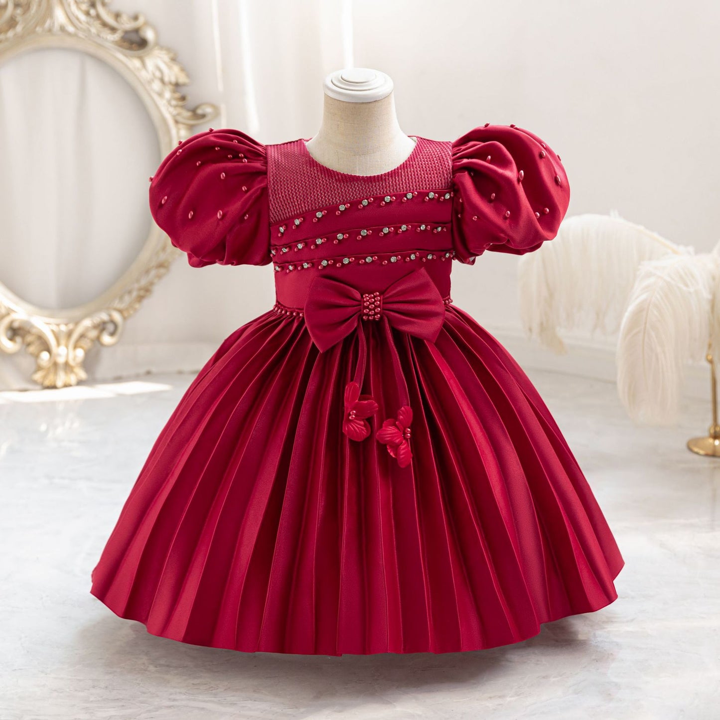 Vestido de fiesta infantil con perlas y lazo 