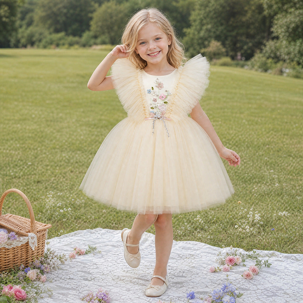 Flower Children Girls Flying Sleeve Tulle Princess Dress