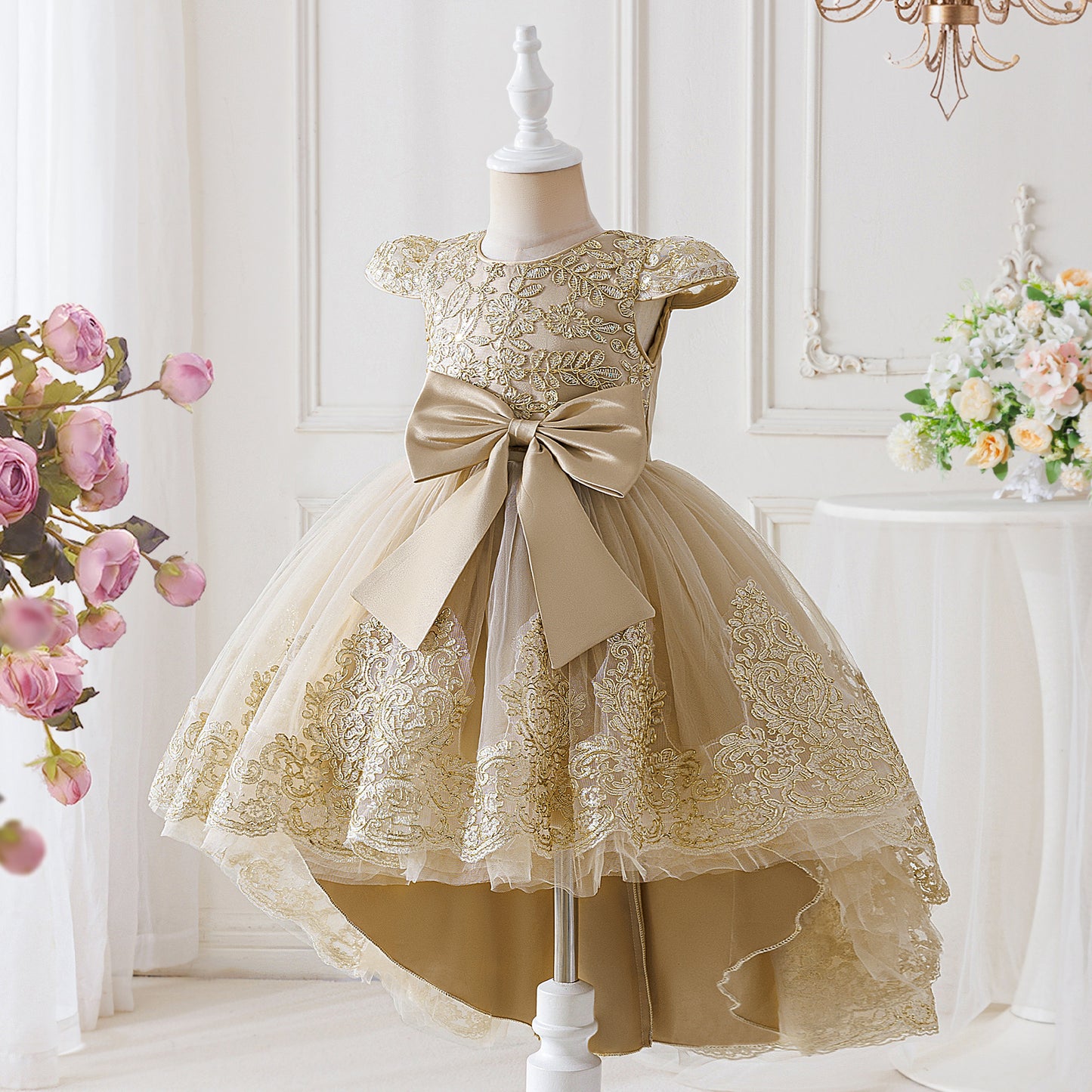 Children's Party Dress with Flowers and Bow