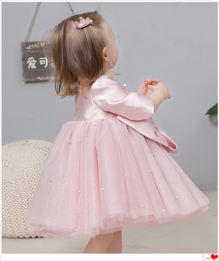 Vestido de fiesta infantil con perlas y lazo
