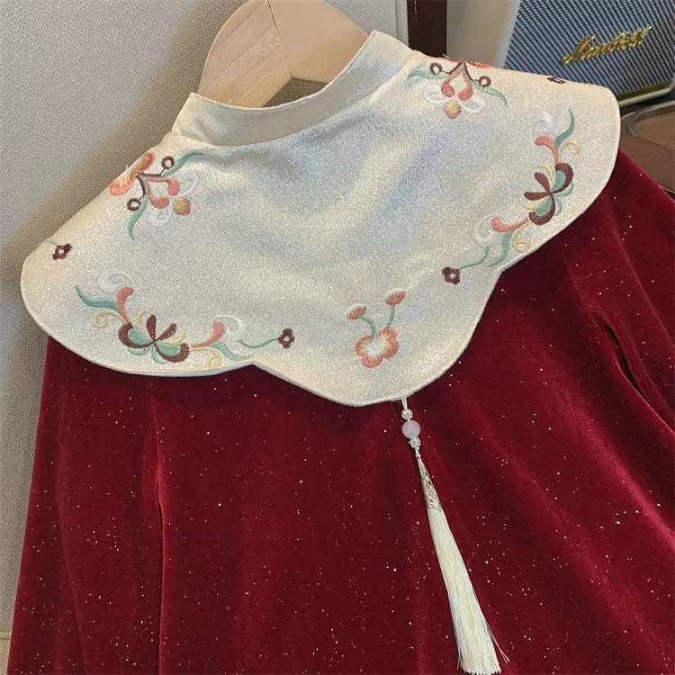 Children's Velvet Dress with Floral Collar