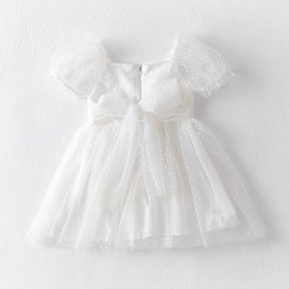 Vestido infantil con lazo de tul y lunares 