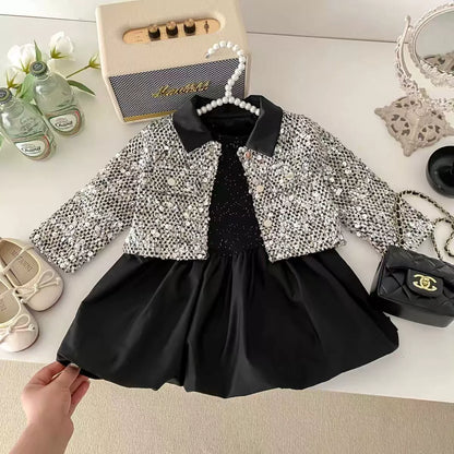 Children's Dress + Jacket, Black, Shiny