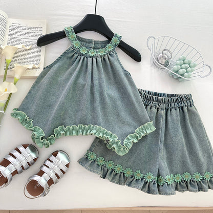 Girls' Denim Set with Floral Print