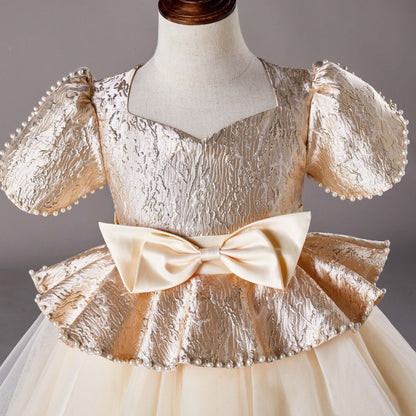 Vestido de fiesta infantil de encaje dorado 