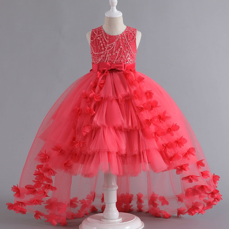 Vestido de fiesta infantil con flores brillantes y lazo 