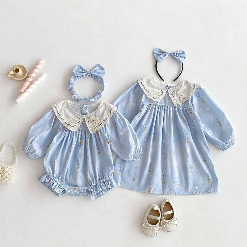 Blue Children's Bodysuit/Dress with Flowers and Lace